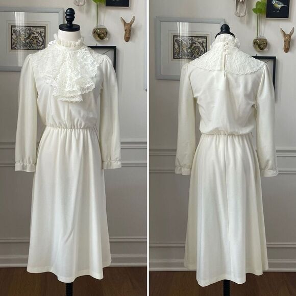 Vintage 70s Halmode Ivory Long Sleeve Lace Ruffle Mock Neck Modest Dress S - Picture 1 of 10